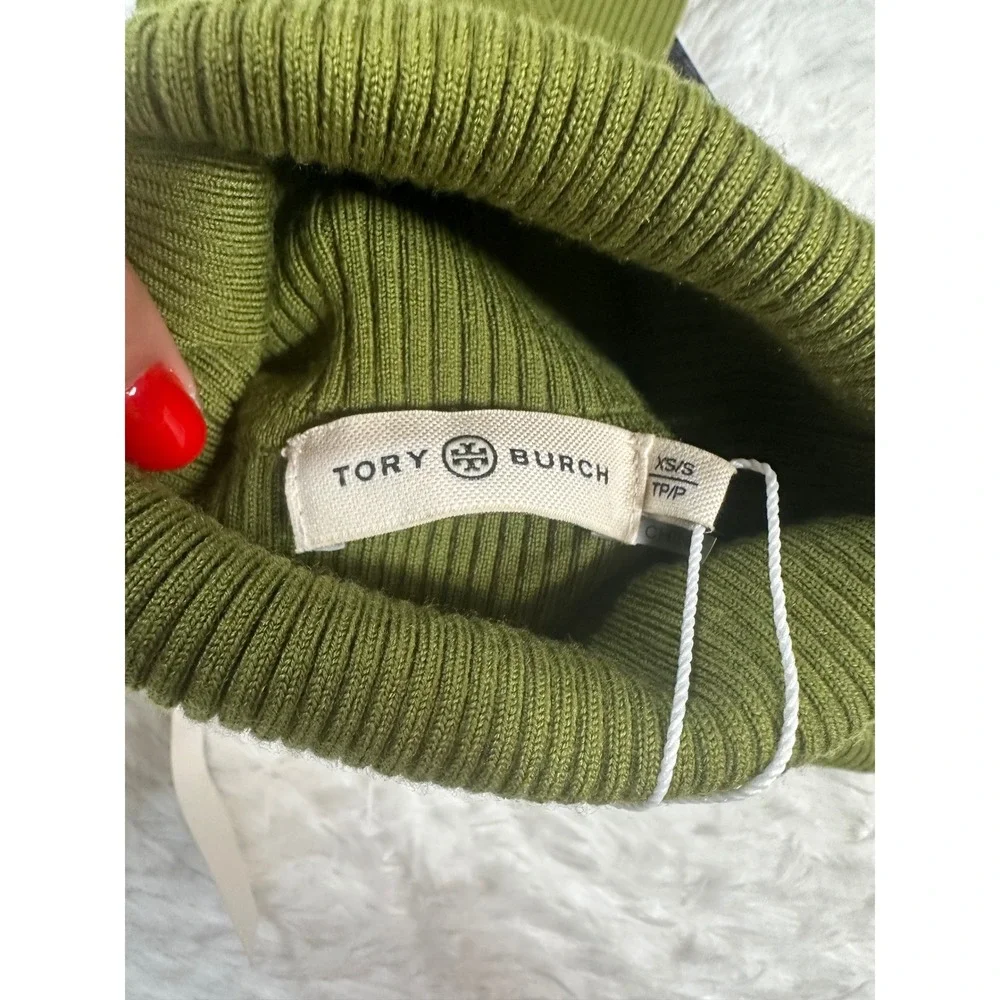 Tory Burch Ribbed Merino Wool Dickie‎ Dark Mossy Green Turtleneck 85331 XS/S NEW
